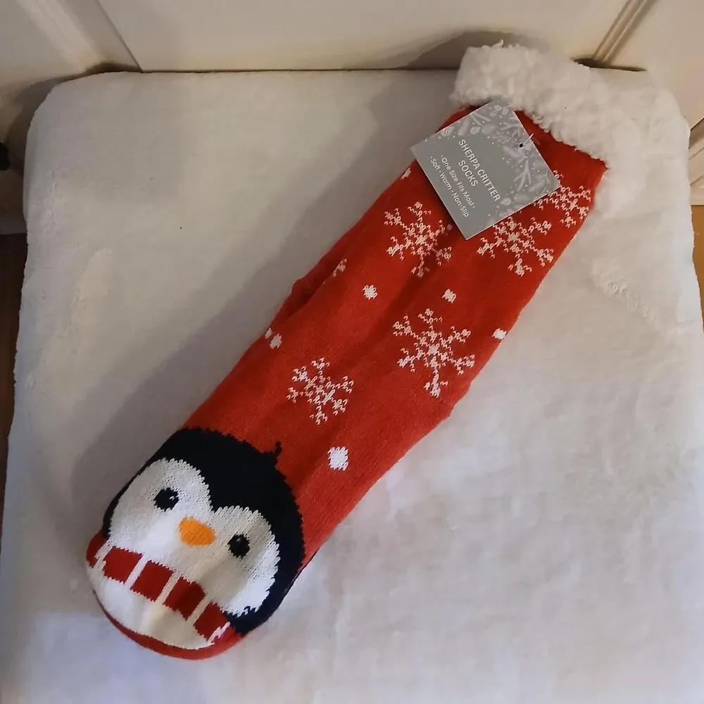 Sherpa Critter Red Slipper Socks Penguin & Snowflake Design Warm Cozy